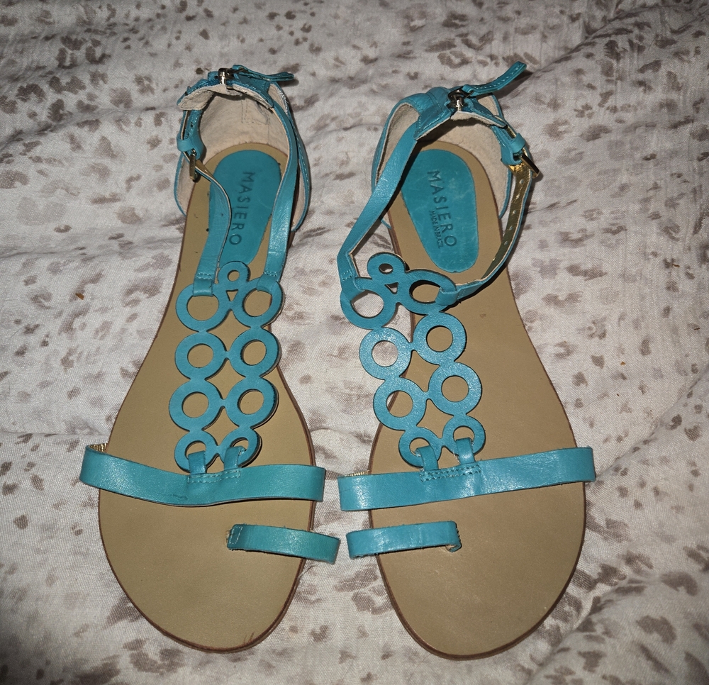 MASIERO Brazilian Size 37 Teal Leather Sandals